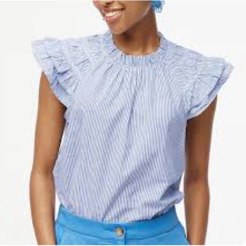 NWT J. Crew Blue and White Striped Ruffle Sleeve Blouse Small